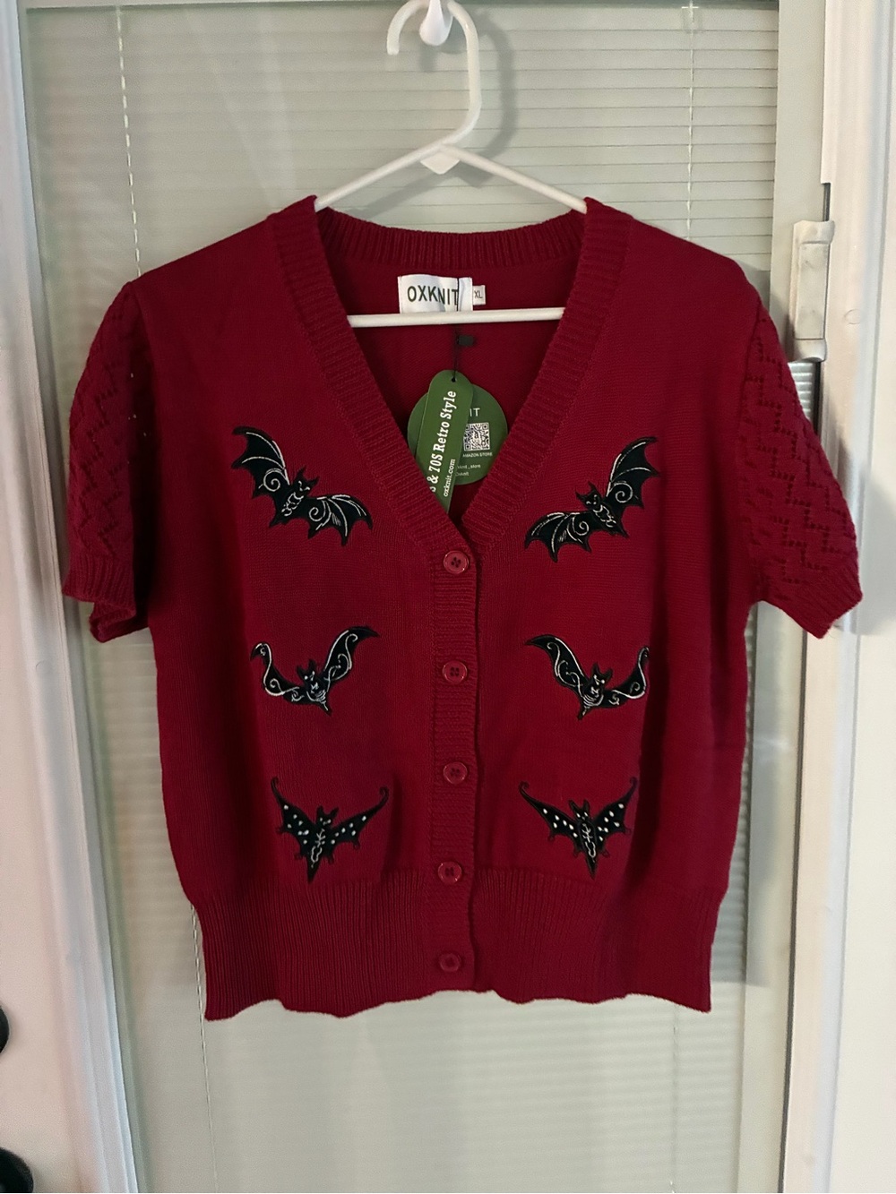 OXKNIT Red Short-Sleeve Button Cardigan with Bat Appliqués